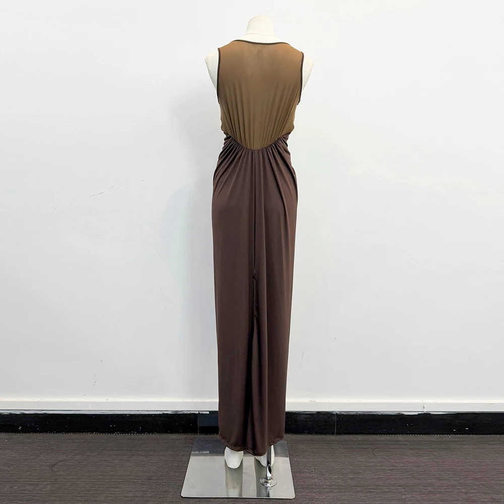 Women Brown Sleeveless Maxi Dress Ruched Waist Bodycon Long Dress Elegant Solid Color Party Clubwear Evening Dress 2026 New Y2k