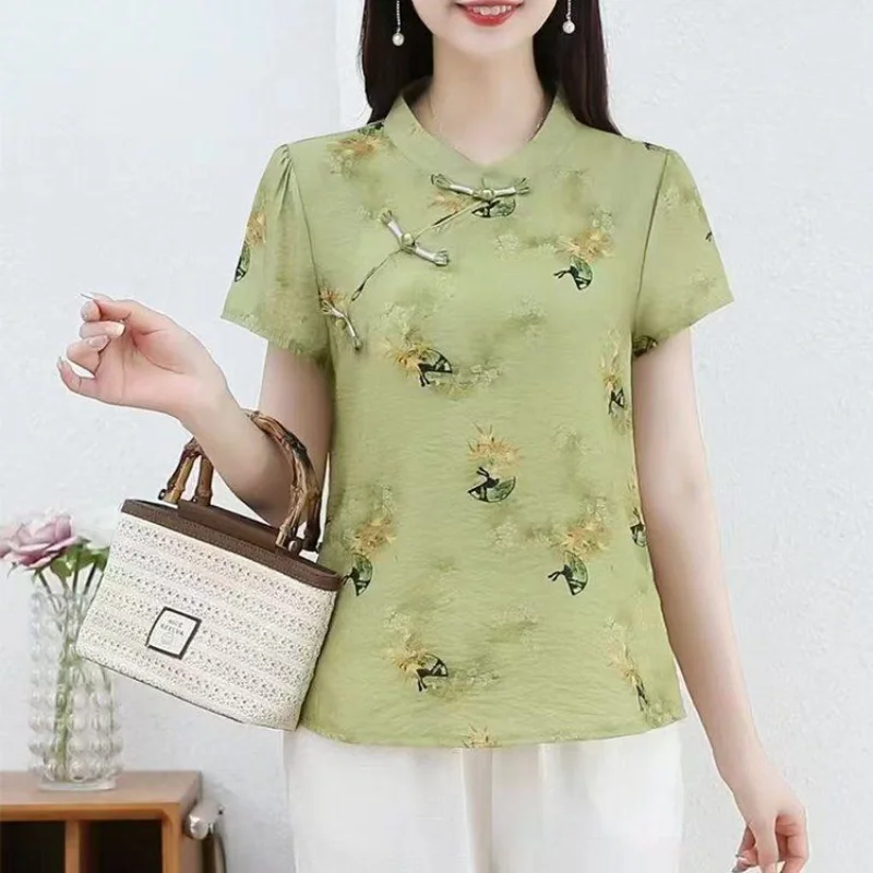 Women's Retro Chinese Style Cheongsam Top Linen Blend Cartoon Figure Print Frog Button Short Sleeve Blouse