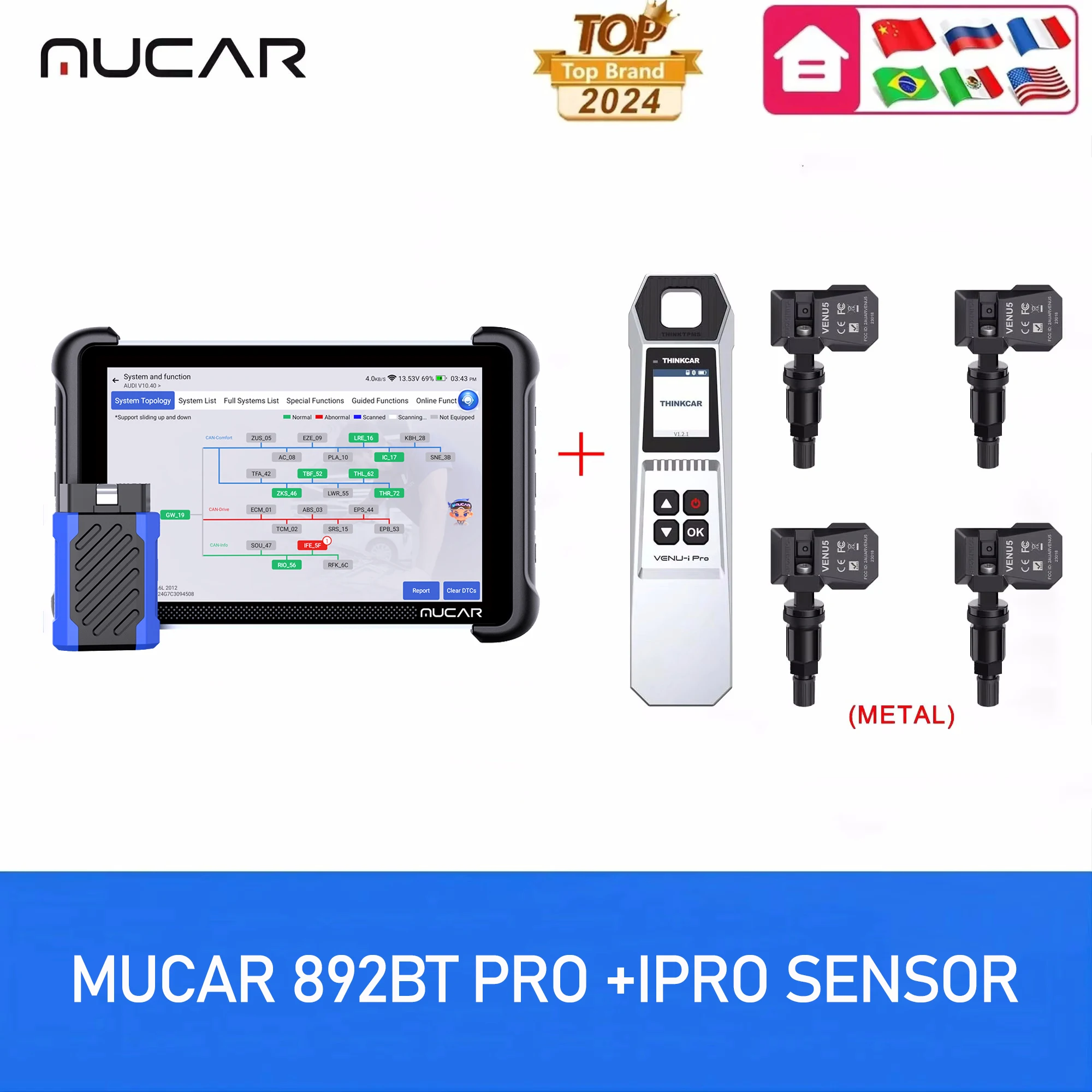 MUCAR 892BT PRO OBD2-Scanner mit Topologie-Mapping, Diagnosewerkzeug, Unterstützung für J2534 CANFD DOIP Protokoll, 35 Resets, Lebenslange Kostenlose Updates
