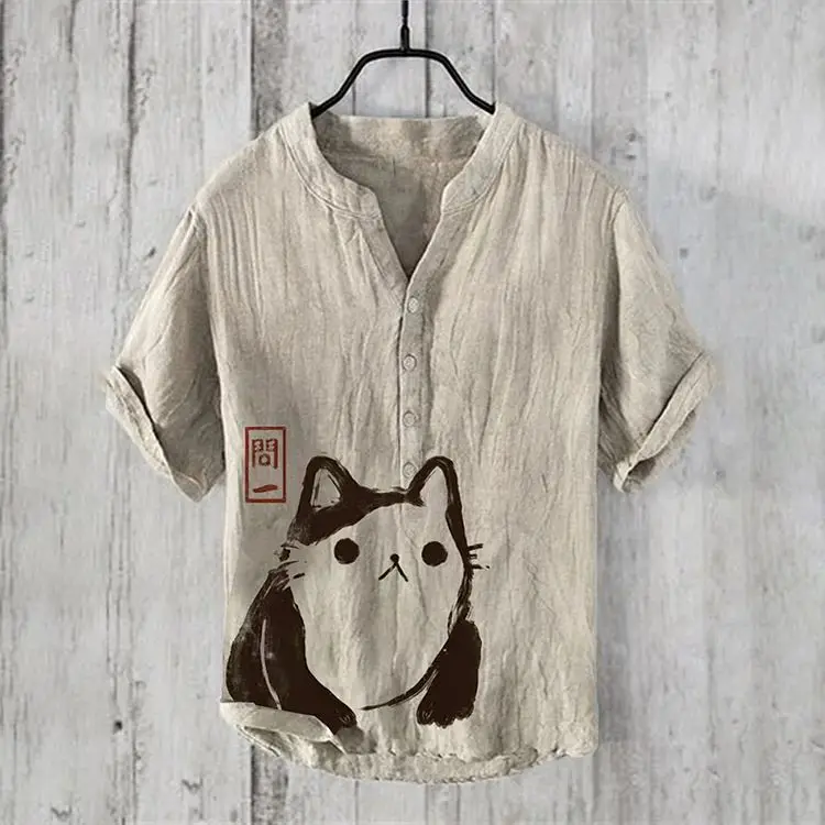 Independent Station China-Chic Fresh V-Neck Shirt Short Sleeve Men's Vintage Linen 3D Marine Biological Print Top Casual