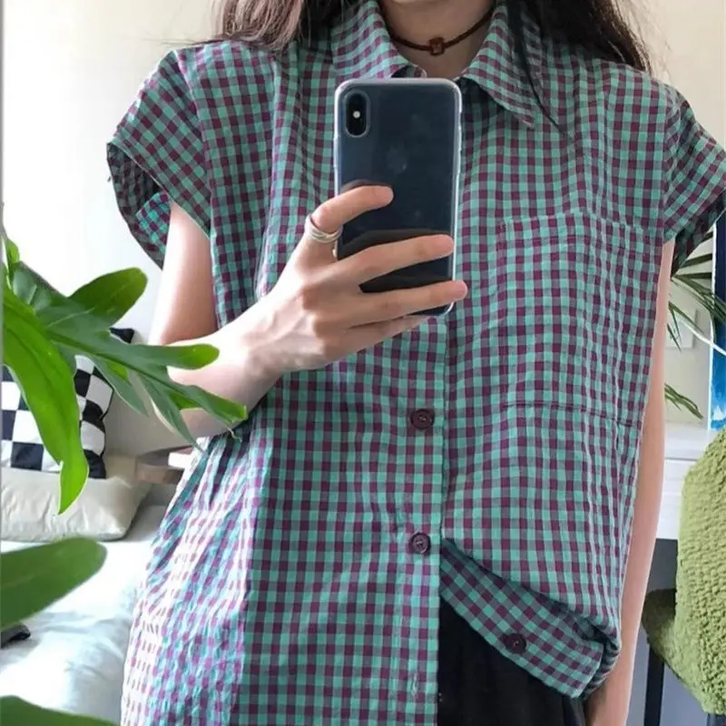 Vintage Shirts Women Plaid Flying Sleeve Loose Tops Korean Fashion Summer Chic Harajuku Cotton Breathable Temperament Stylish