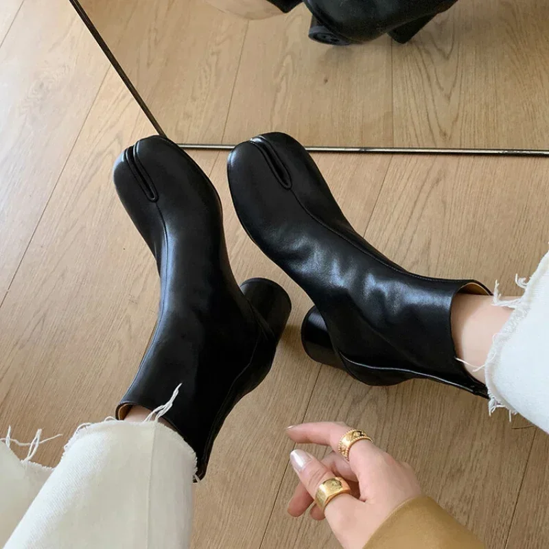 

Luxury Brand Designer Split-toe Ankle Boots Women Genuine Leather Chunky High Heel Short Boots Spring Autumn Shoes