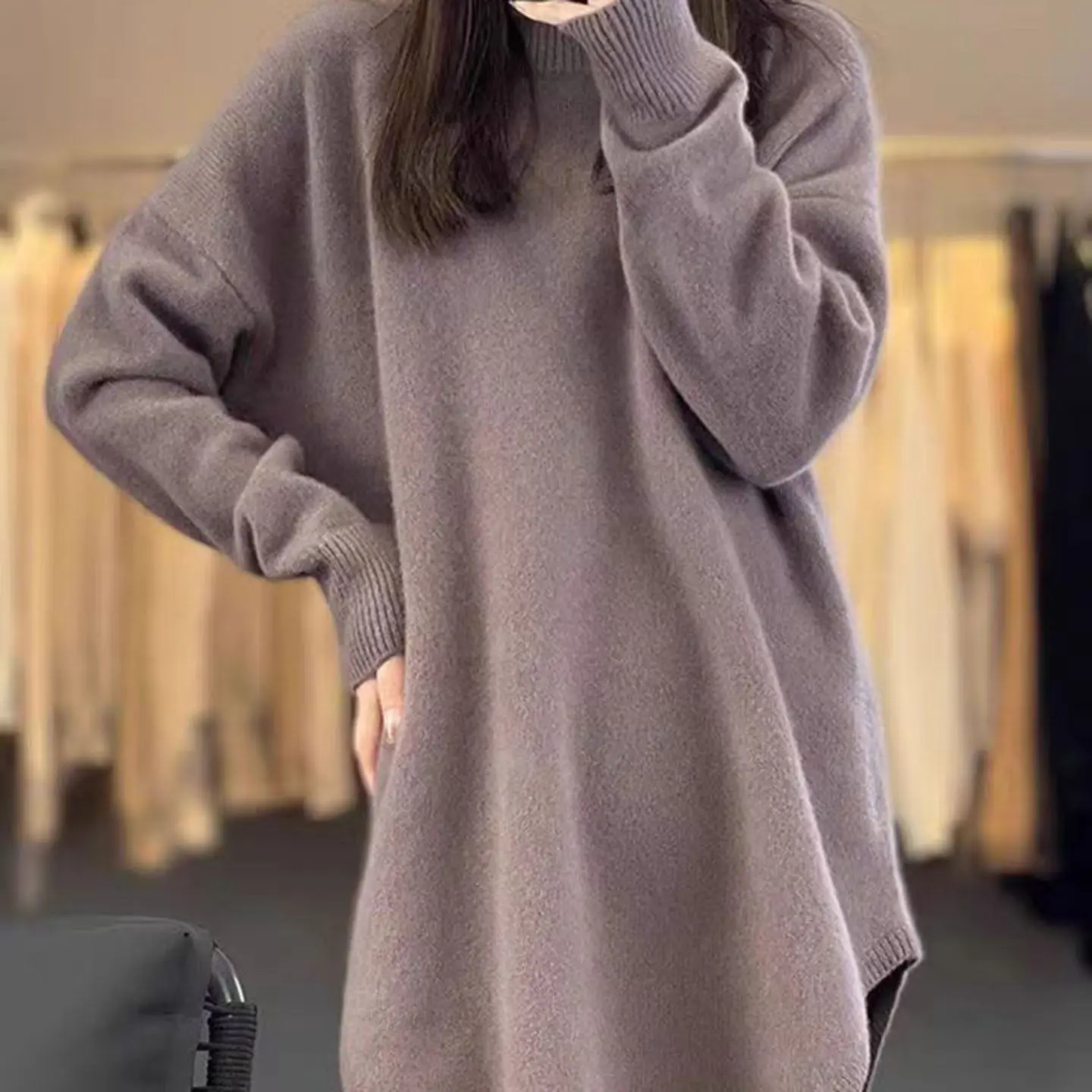 

Ladies' Warm Knitted Top Loose Fit round Ne Casual Sle Mid-Length T-irt Faionable Autumn Winter Thermal Base Layer