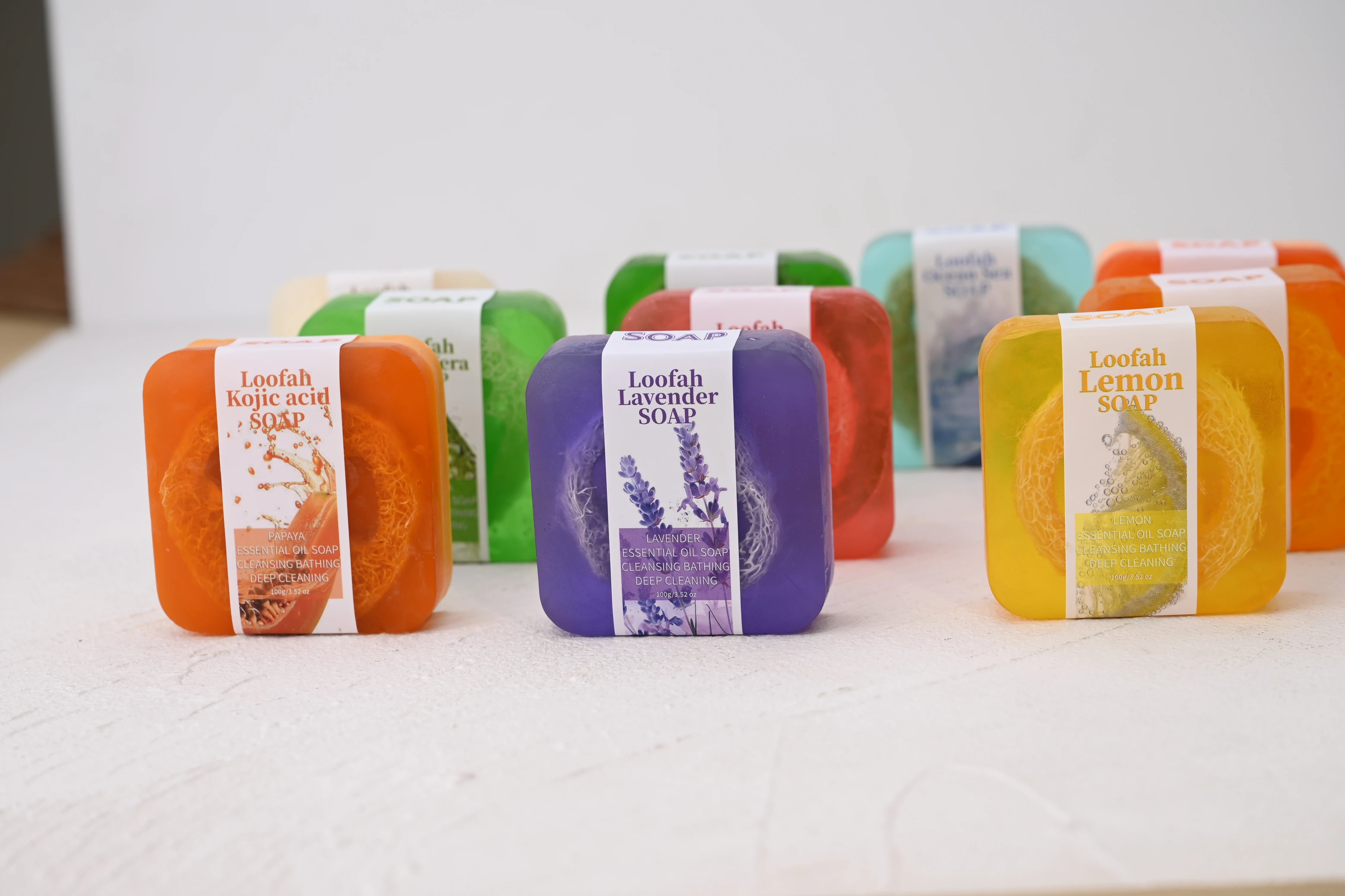 S + 100g 라벤더 수세미 에센셜 오일 비누 코직산 바디 샤워 머드 화이트닝 레몬 향이 함유 된 수제 페이셜 클렌저