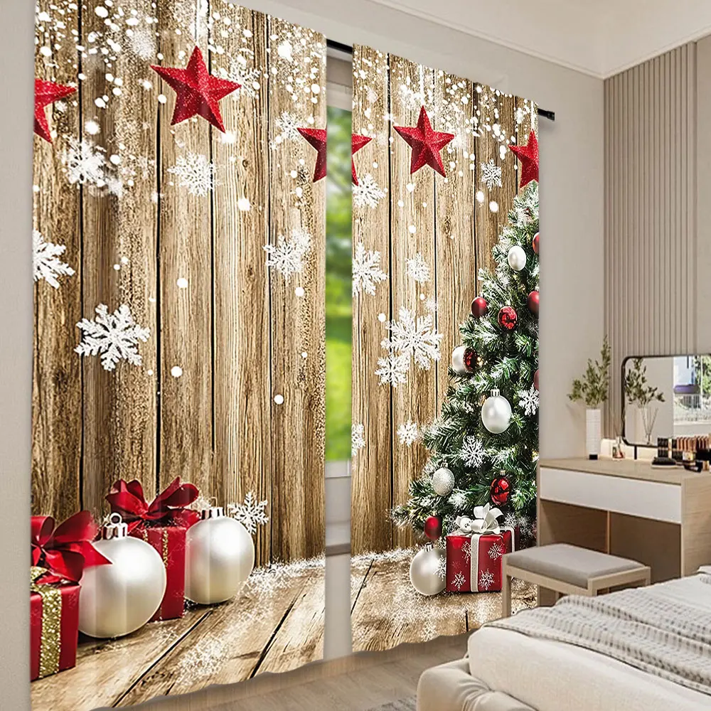 2Pcs Christmas Curtains Rustic Snow Christmas Tree Gifts For Christmas Party Decoration Suitable For Bedroom Living Room Dining