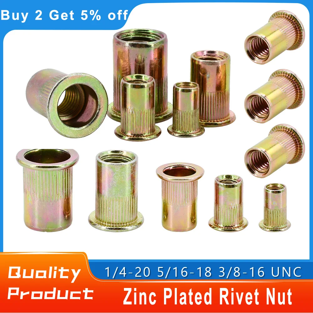 1/4-20 5/16-18 3/8-16 1/2-13UNC شفة إدراج جوزة برْشام شقة رئيس الخيوط مشبك معدني قفل ريفنوت برشام الكربون الصلب Nutsert
