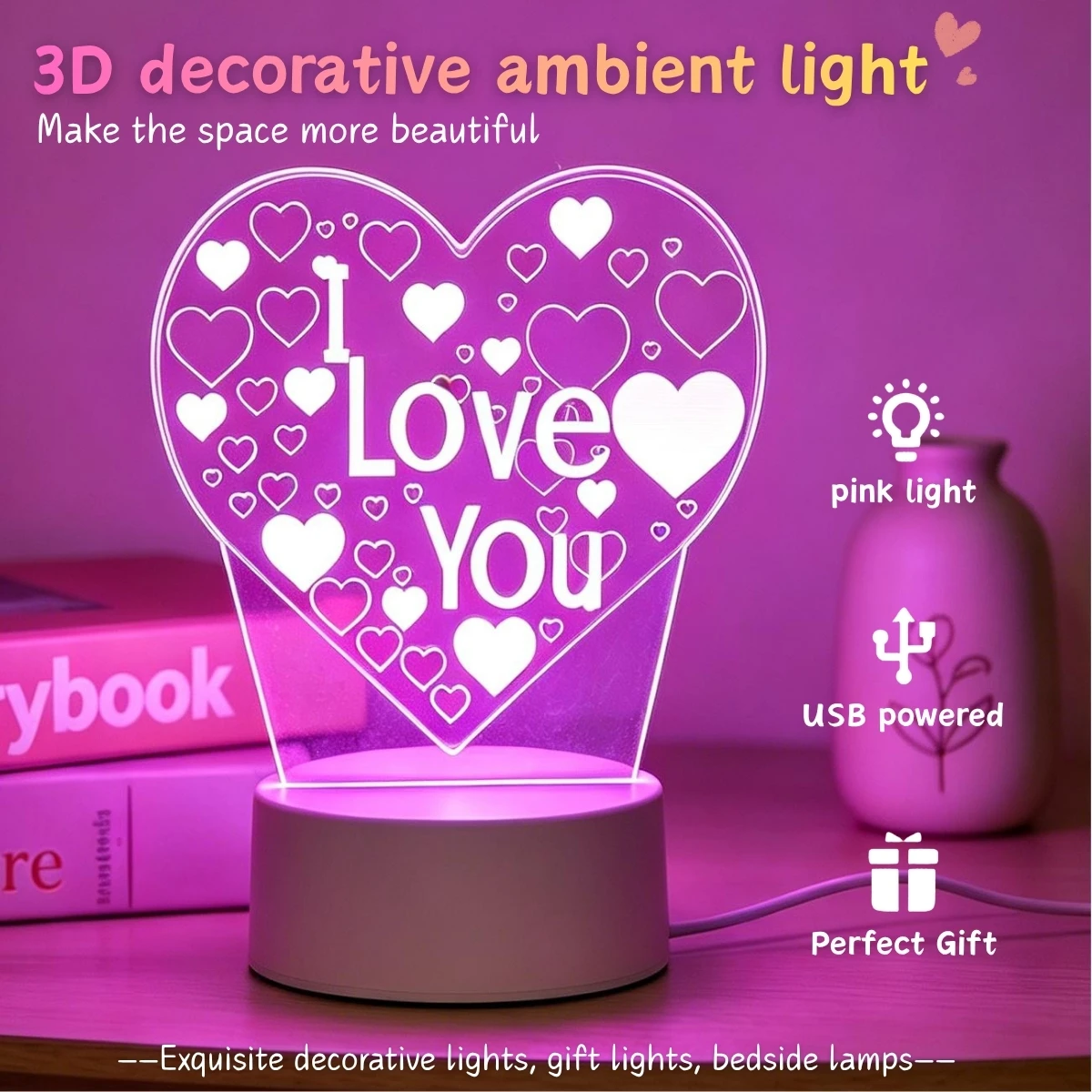 1pcPink‑Glow Heart I Love You Acrylic 3D Night Light, USB Plug‑in Decorative LED Ambient Lamp, Ideal for Gifts & Home Decoration