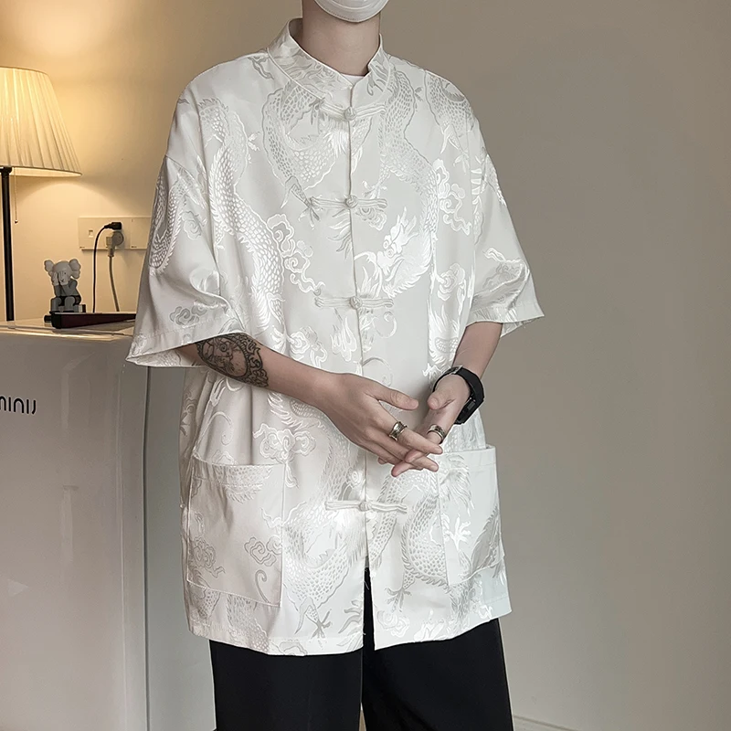 New Chinese Style Men's Shirt Half Sleeve Dragon Pattern Double Sided Jacket Loose Fit Summer Fashion Youth  Regular Thick...