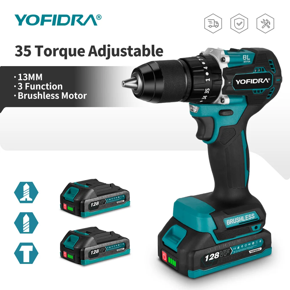 YOFIDRA 13mm 35+3 Torque Brushless Electric Impact Drill Cordless Efficient Electric Screwdriver Tool For Makita 18V-21V Battery