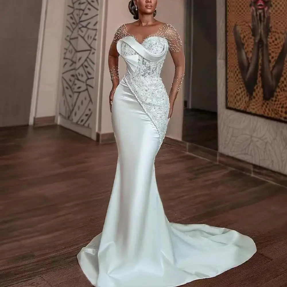 

Luxury Beads Lace Wedding Dress Sheer Long Sleeves Mermaid Deep V Neck Sweep Train Civil Wedding Dress