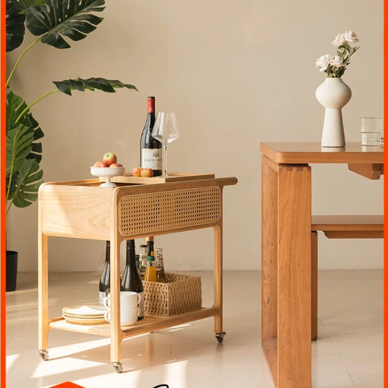 A few movable coffee tables beside the solid wood living room trolley, cherry wood universal wheels, wheeled snacks