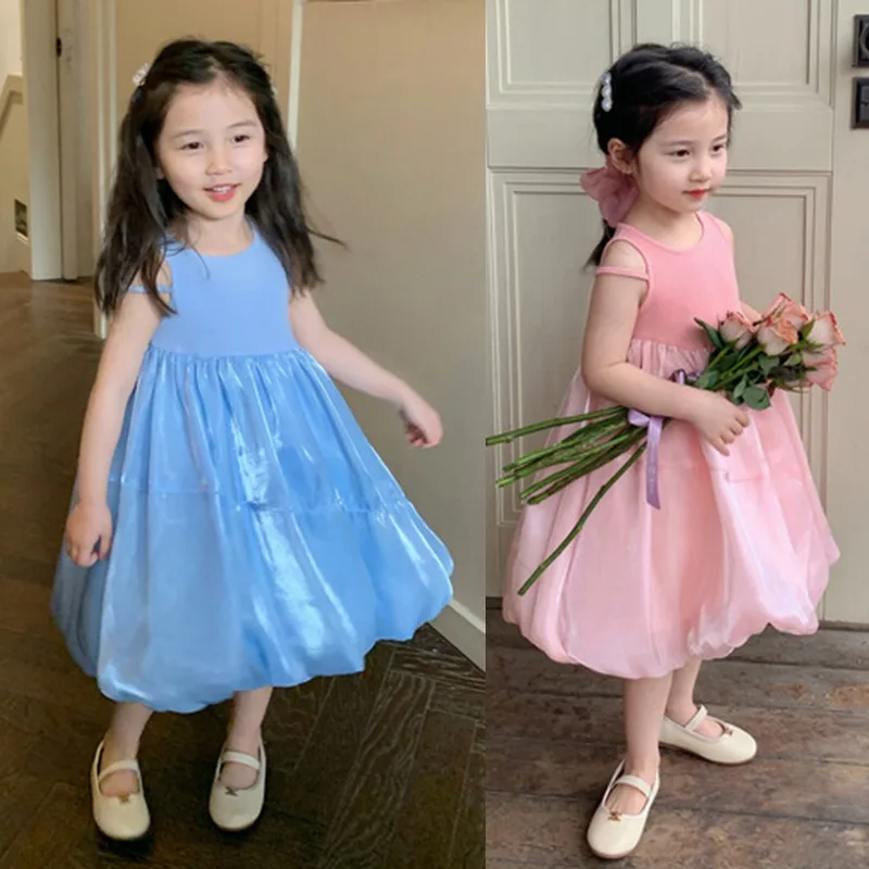 Girls Solid Color Sweet Patchwork Dress Fashion Girls Sleeveless Brocade Cute Princess Dress Summer Korean Style Elegant Dress