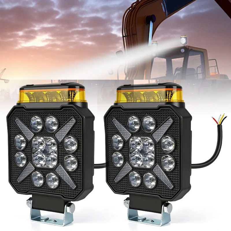 

4 Inch LED Flood Spot Light Signal Beacon Flash Warning Light White Amber 360 Strobe Floodlight 9-32V for Offroad Excavator