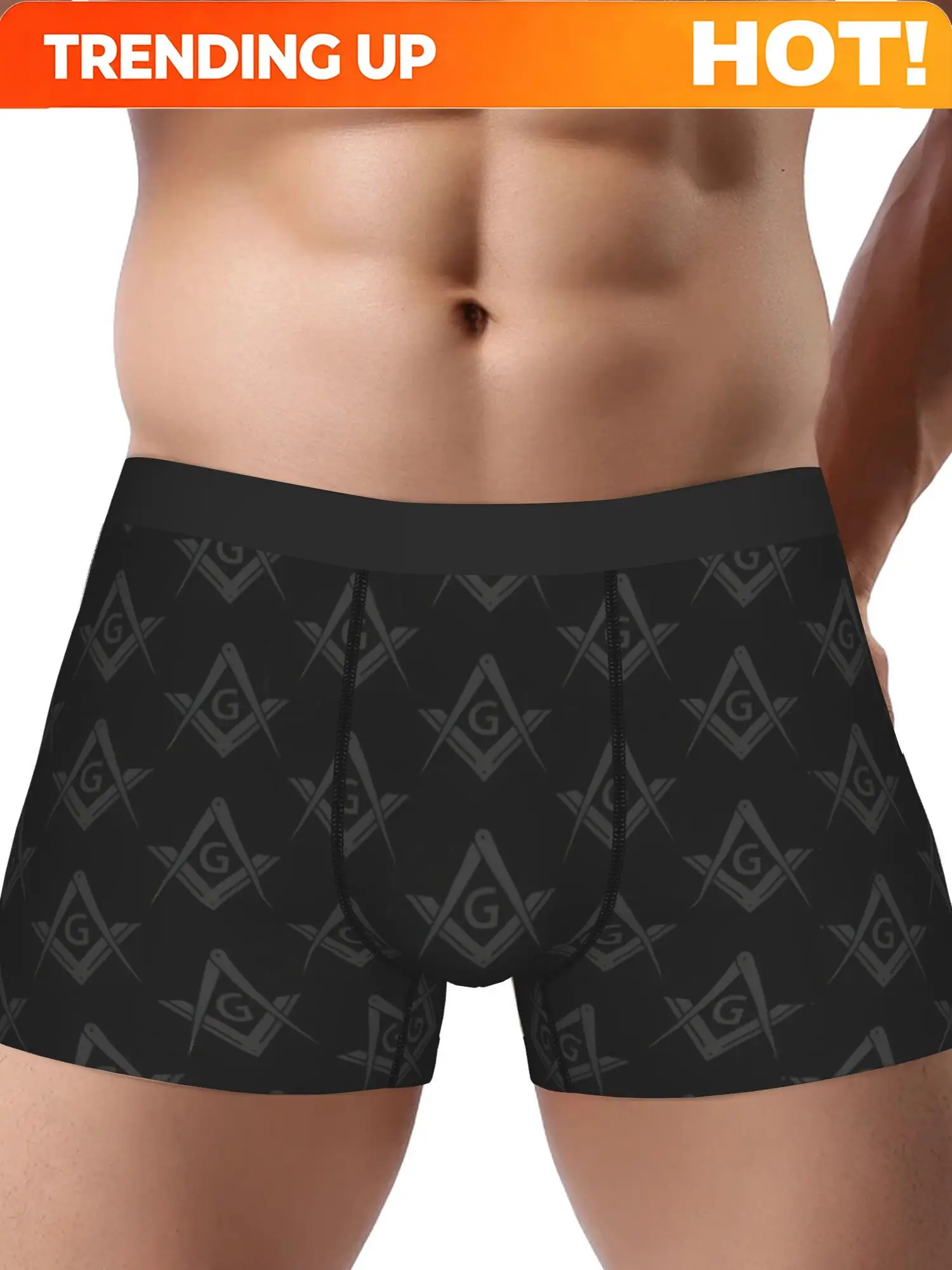 BIIHUDU Men'S Freemason Masonic Symbol Boxer Briefs - Stretchy Polyester, Black with White Masonic Logo Print, Comfort Fit Under