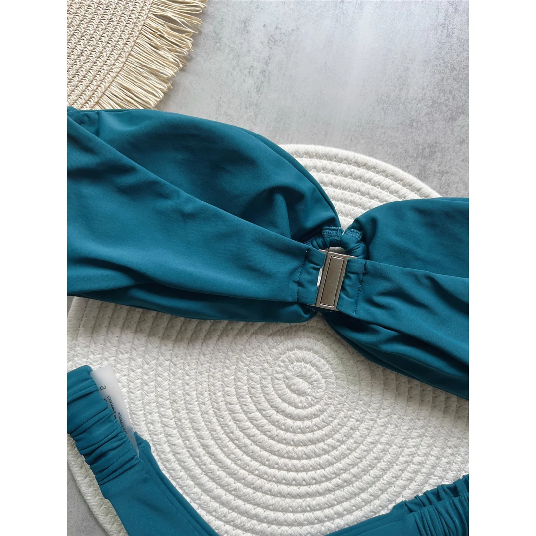 Gefalteter Bandeau-Bikini mit hohem Beinausschnitt, Mini-Tanga, Damen-Badeanzug, zweiteiliges Bikini-Set, Badebekleidung, Badeanzug, Schwimmbekleidung V6085 – Detail 17