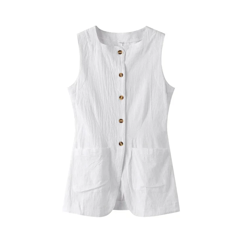 Chic Cotton Linen Long Skirt Set Women 2024 Summer Sleeveless Single Breasted Vest Top Back Split Maxi Skirts Lady 2 Piece Suits