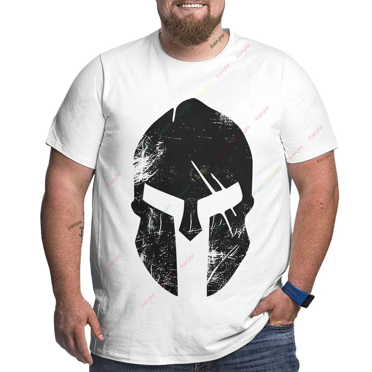 Men's Oversized Hip Hop 100% Cotton T-Shirt Plus Size Street Style Printed Top White Oversized T-Shirt with Knight Helmet Print