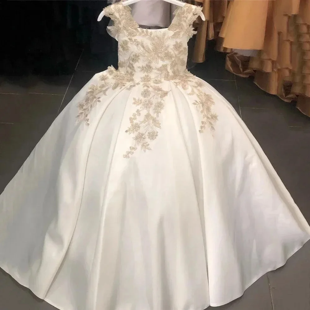 Индивидуальные платья цвета слоновой кости для девочек с аппликациями из атласа и бисера, роскошное платье для свадьбы Quinceanera, детское выпускное платье для первого причастия