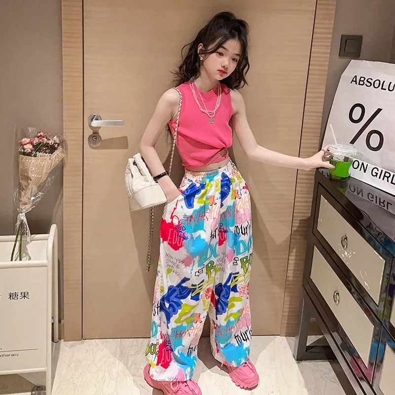 teenage Girls Clothing set Summer Knit Vest+Graffiti Pants Hip Hop suit Streetwear Costumes Kids Teenager Clothes Outfits