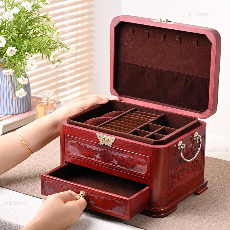 Solid Wood High-End Jewelry Box Red Sandalwood Vintage Gold Jewelry Ring Exquisite Rosewood Storage Box Wedding Gift