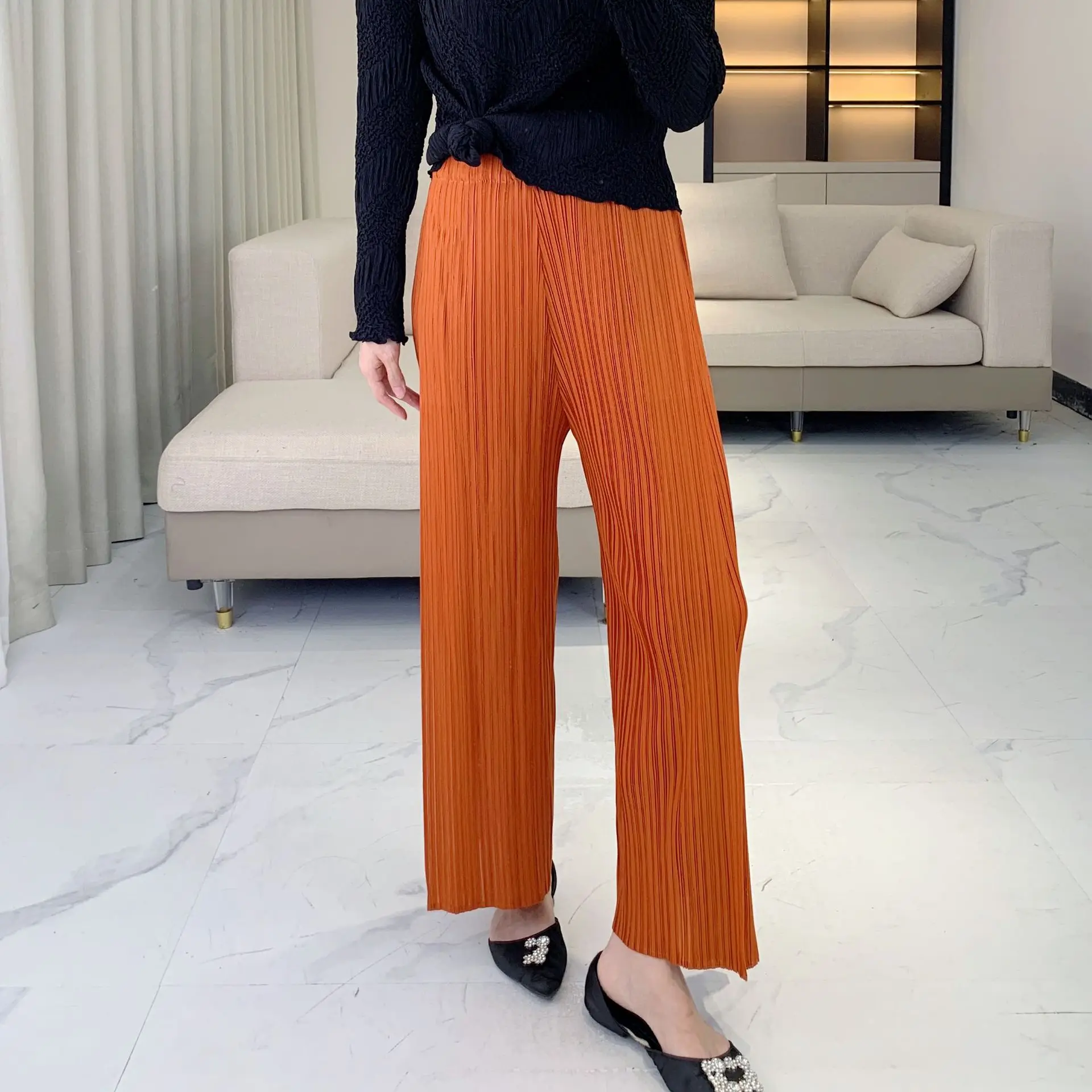 Miyake Fold 2025 New Simple Split Pants Women's Loose Fashion Versatile Casual Pants High Waist Fold Straight Leg Pants