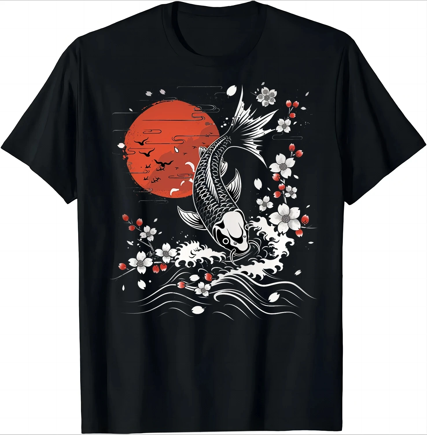 Cherry Blossom Koi Carp Fish Japanese Sakura Graphic Art T-Shirt Fashion O-neck Tops Tees Tshirt Women Fitness T Shirt Fashion
