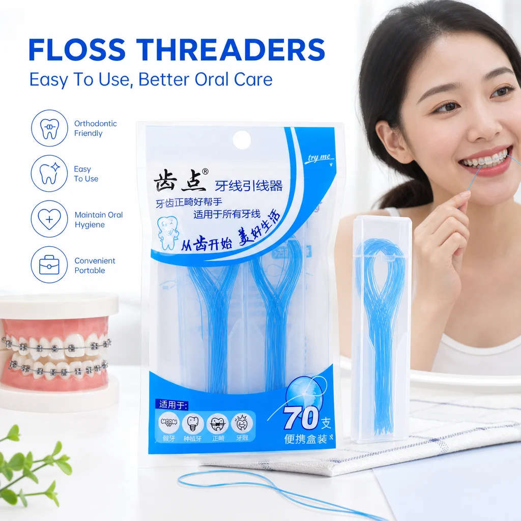 Oral Care | 35/70-count Reusable Blue Nylon Dental Floss Threaders | Food-safe, Waterproof, and Travel-Friendly.