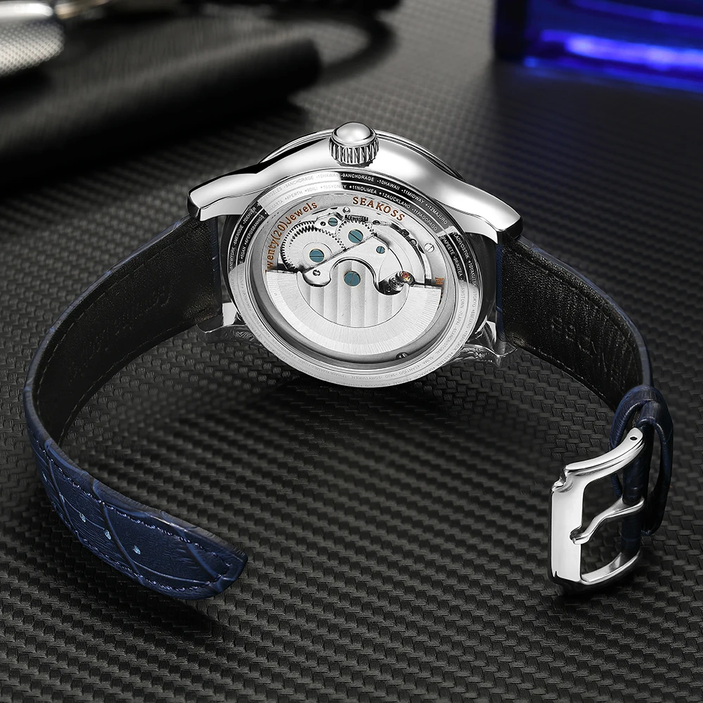 SEAKOSS 47 mm Double Earth Rotating Herren-Mechanische Uhr Automatikwerk Schwungrad-Armbanduhren 5 Bar Wasserdichtes Lederarmband