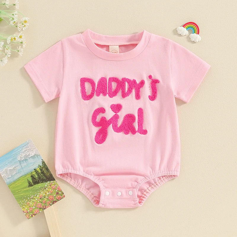 

Baby Girl Summer Clothes Newborn Bubble Romper Short Sleeve Bodysuit Daddys Girl Embroidered Oversized Romper