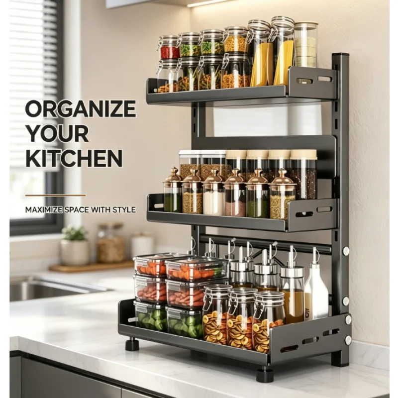 3 Tier Spice Rack Adjustable Metal Organizer for Kitchen Countertop Cabinet Pantry Black Space Saving Storage Shelf