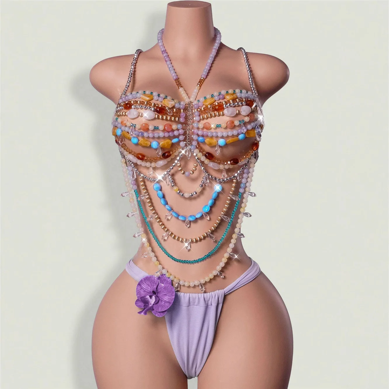 European Beach Dance Party Costume Tops Bra Chain for Women Mixed Colors Stone Beading Crystal Camis Breast Body Chain Jewelry