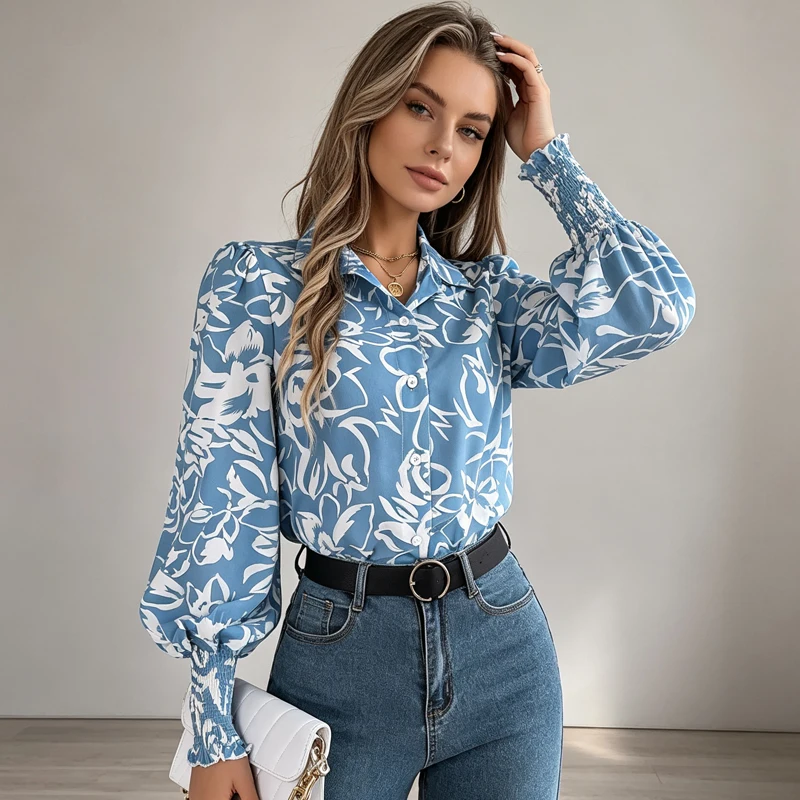 2026 Vintage Floral Print Lantern Sleeve Button Down Shirt Long Sleeve Casual Simple Blouse Autumn Spring Office Lady Top