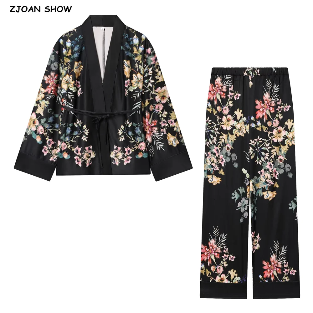 2 Pieces 1 Set Spring Autumn Black Floral Print Long Sleeve Wrap Kimono Blazer + Elastic Waist Straight Pants Trousers Suits