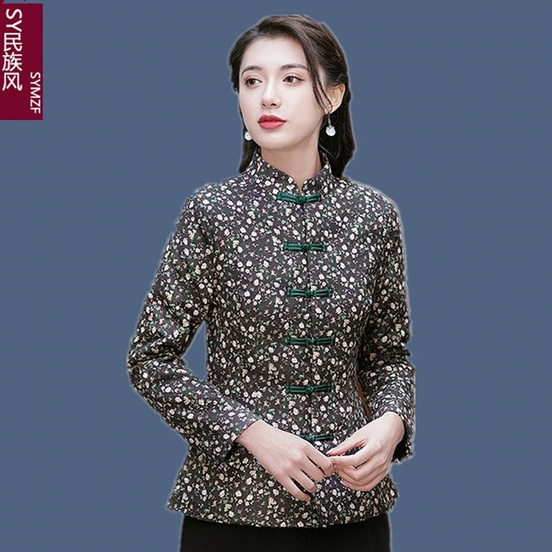 

Tang Women's Chinese-style Printed Cotton Jacket Buckled Cotton Coat With Long Sleeves And Thick Cotton Jacket