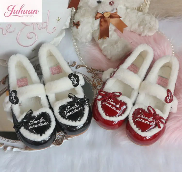 

Зимние оригинальные милые туфли Eadorable Lolita, пушистая обувь, мягкая одежда для девочек, милые японские мягкие бархатные теплые женские туфли на плоской подошве
