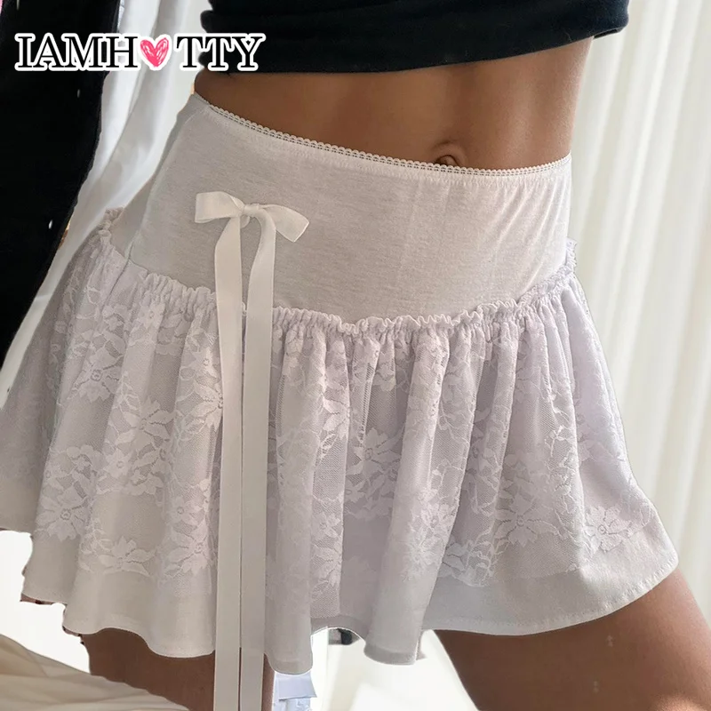 

IAMHOTTY Sweet Lace Patchwork A-line Skirt Women Cute Bow Decorate Mid-waist Mini Skirts Kawaii Lolita Japanese Style Bottoms