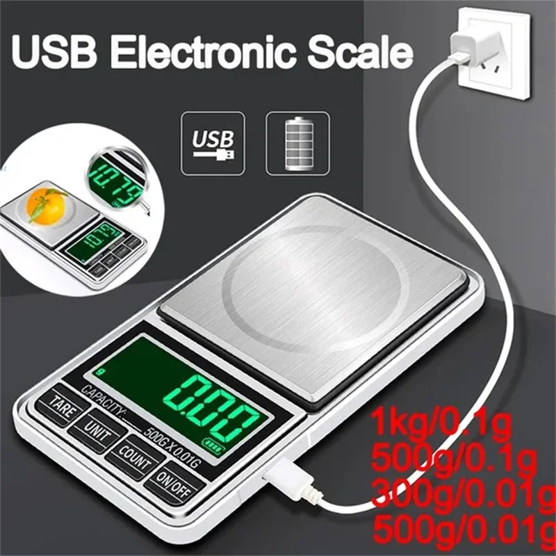 High Precision 0.01g/0.1g Portable Mini Pocket Jewelry Scale USB Rechargeable Digital Electronic Scale Weight Balance Gram Scale