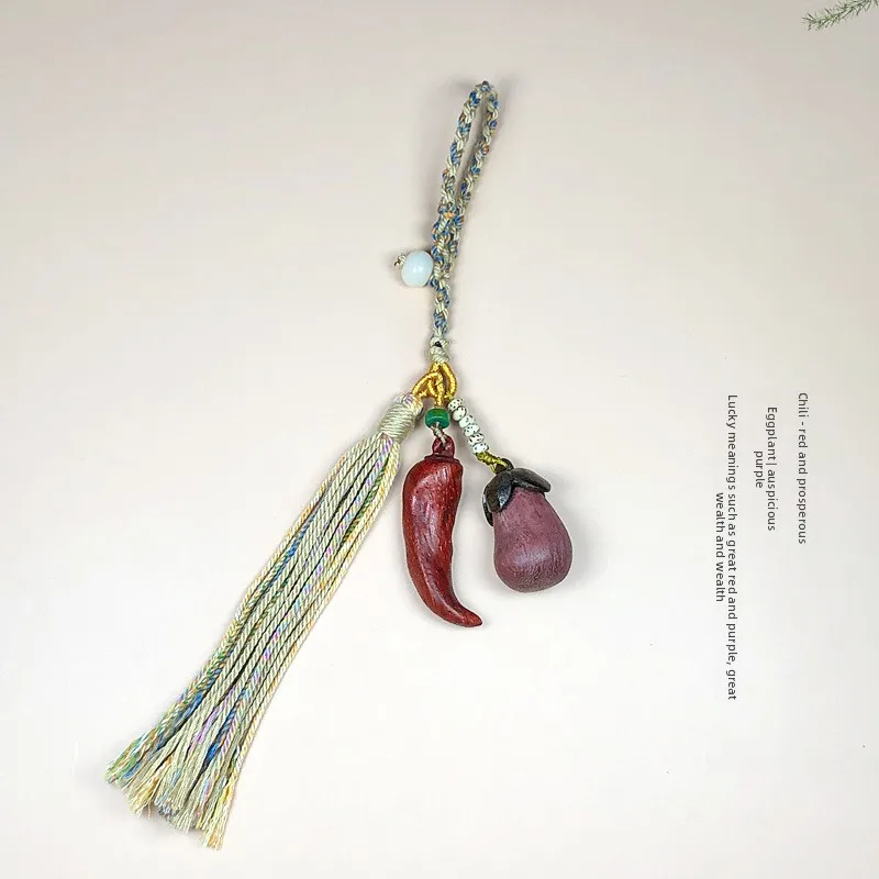 Traditional Chinese Style Auspicious Wooden Chili Eggplant Pendant Good Luck Blessing Charm For Bag Backpack Car Rearview Mirror