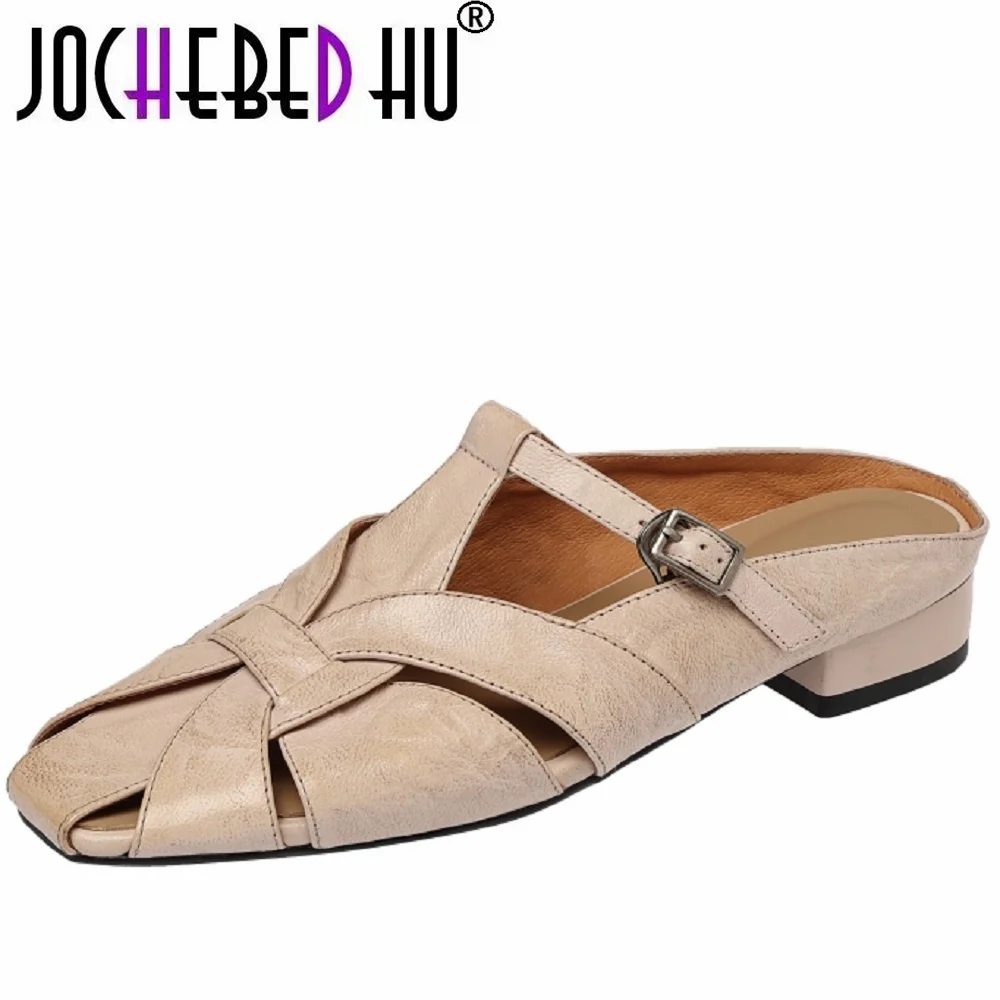 【JOCHEBED HU】Handmade Genuine Leather Soft comfortable Retro Women's Sandals Hollow out Head Cover Half Slippers Summer 34-40