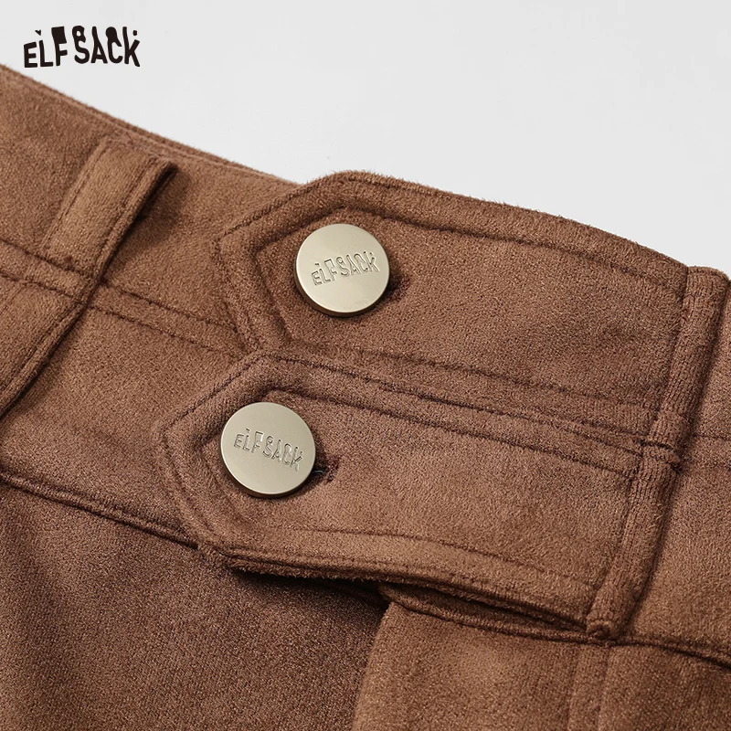 ELFSACK 2024 Autumn New Arrive Love Embroidery Khaki Suede High Waist Patch All-match A-line Skirt for Women