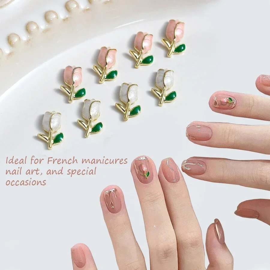 10Pcs Metal Tulip Nail Art Charms 3D French Floral Flower Jewelry for Manicure Designs Decoration