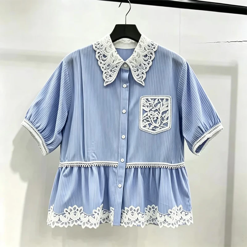 

Slimming Stripe Pattern Turn-down Collar Short Sleeve Lace Embroidery Hollow out Women's Shirt Summer New Style Loose Fit Top