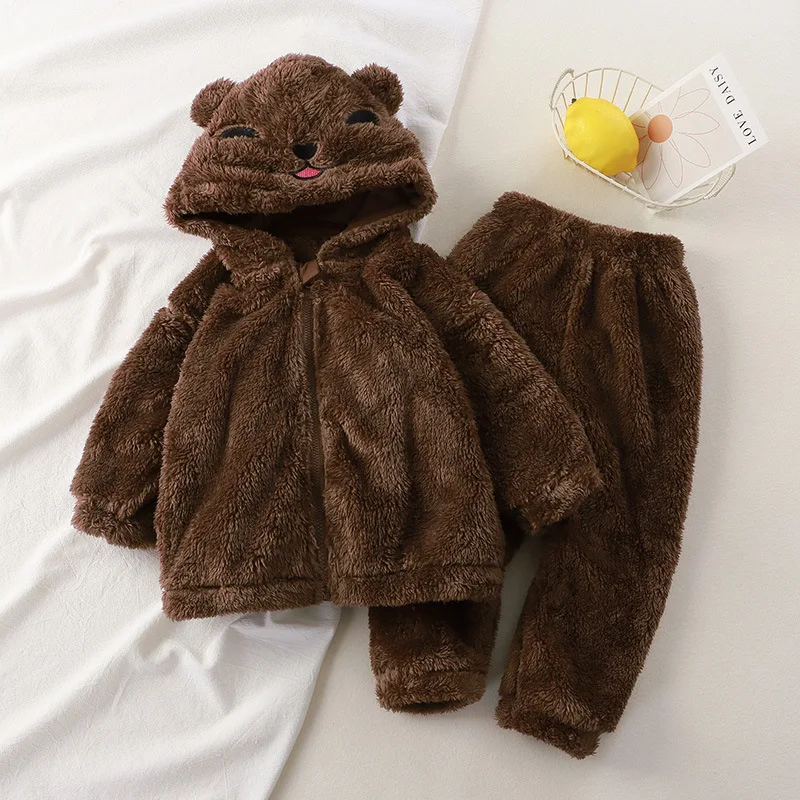 IYEAL New Autumn/Winter Panda Cartoon Warm Pajamas Children's Pajama Set Cute Little Bear Little Rabbit Flannel Home Clothes