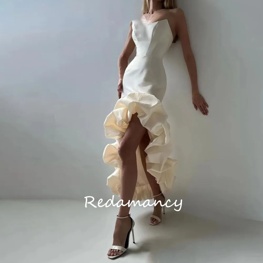 

Redamancy Customized Ivory Satin Prom Dresses Long Strapless Side Split Homecoming Dress Zipper Up Mermaid Vestidos De Fiesta