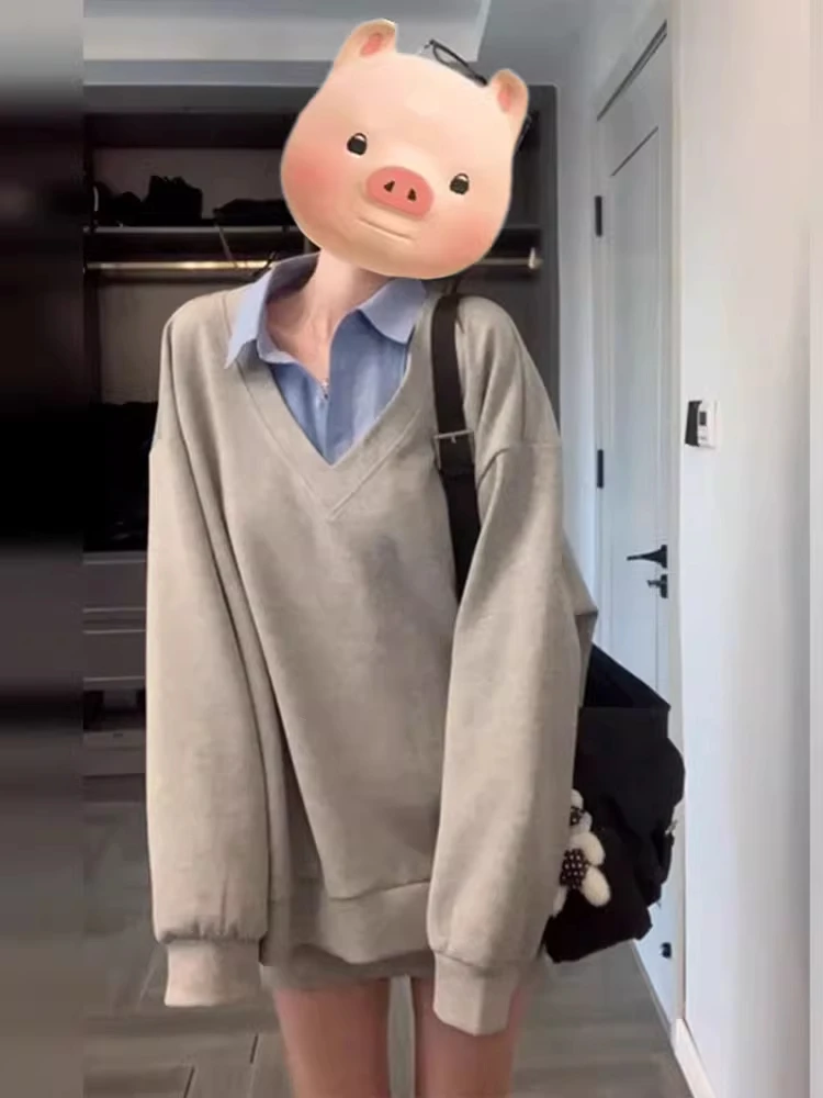 Loose Fit ex Hoodie Chic Collared Sweatirt Korean Sle Versatile Casual Long Sve T-irt for Men And Women