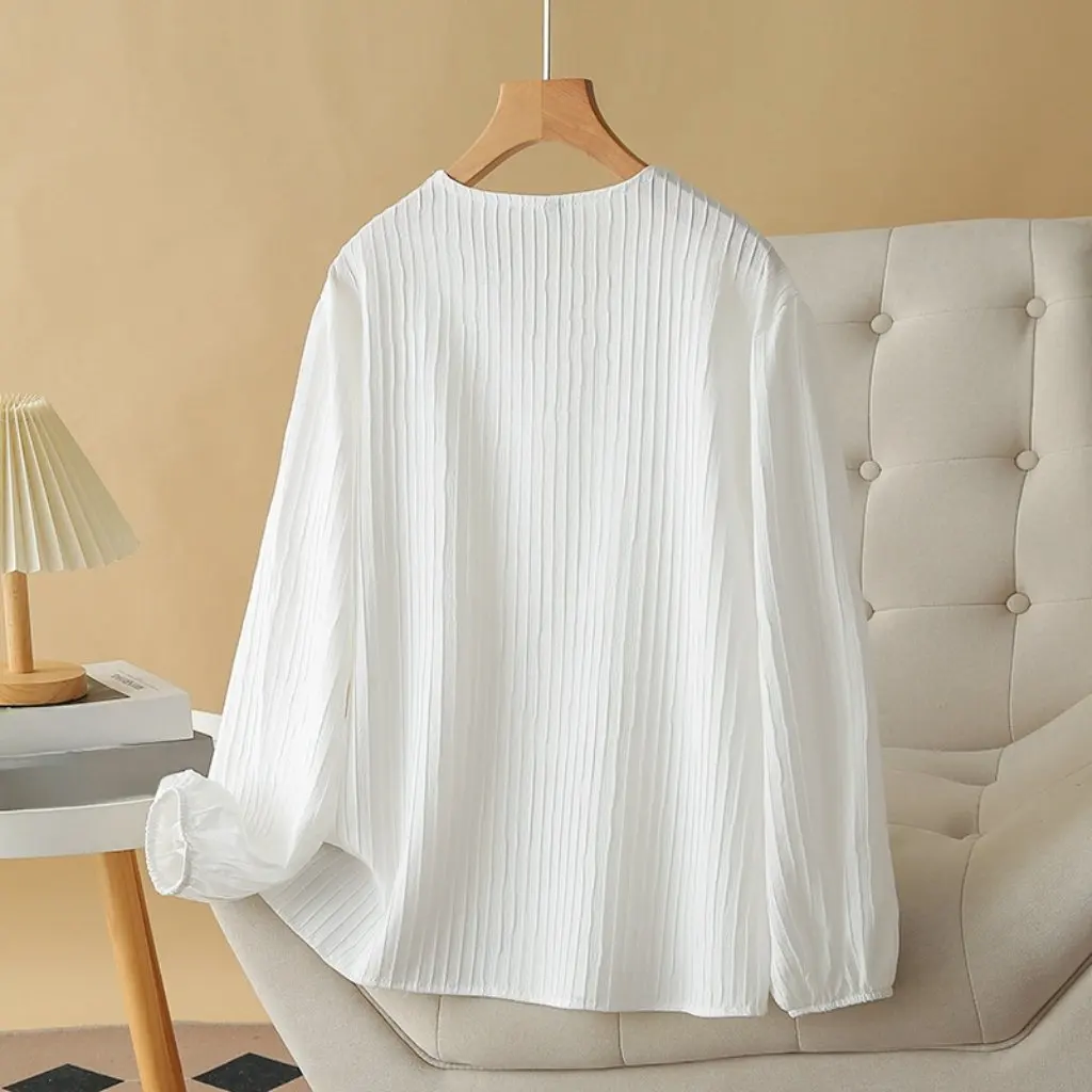 Chaqueta arrugada de Jacquard con cuello en V de encaje para mujer de talla grande, camiseta Joker con temperamento de largo plazo para otoño, moda de talla grande