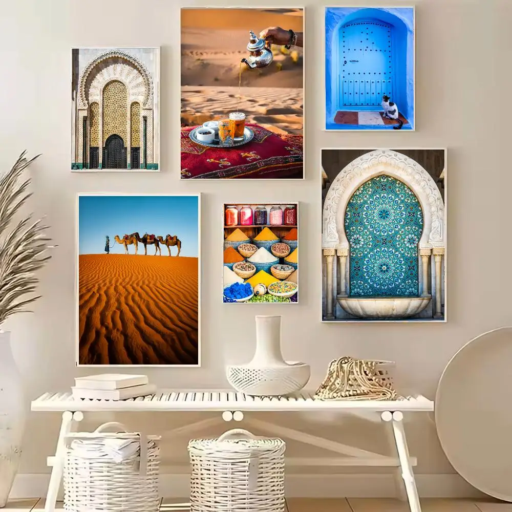 Camel Desert Morocco Blue Door Architecture Nordic Poster Canvas Wall Art Print for Living Room Modern Home Decor