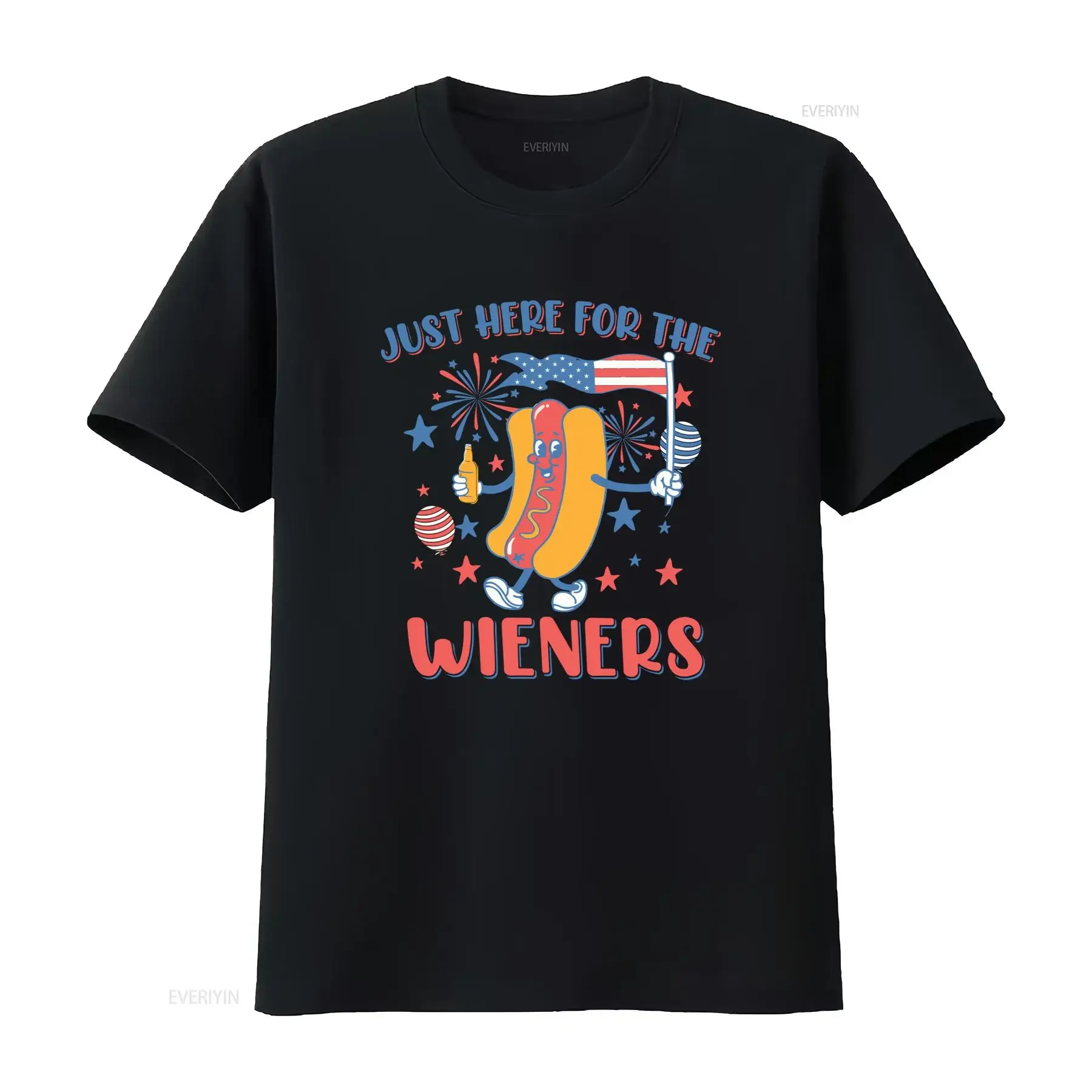 Retro Funny 4th of July Just Here For The Wieners Hot Dog Patriotic Print Casual T Shirt vintage Washed Soft Unisex Stylish