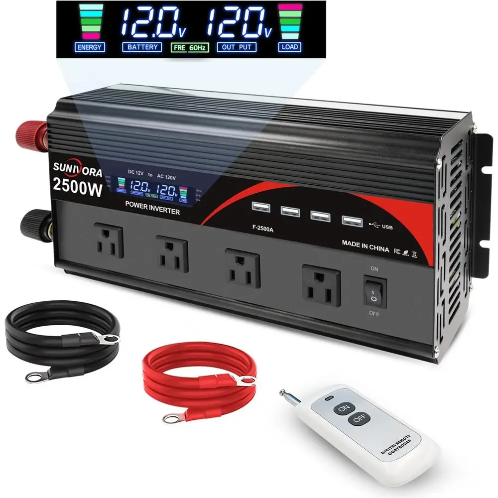 2500 Watt Inverter with LCD Display & Remote Control 12V DC to 110V/120V AC Converter Peak Power 5000W Car Inverter with 4 Socke
