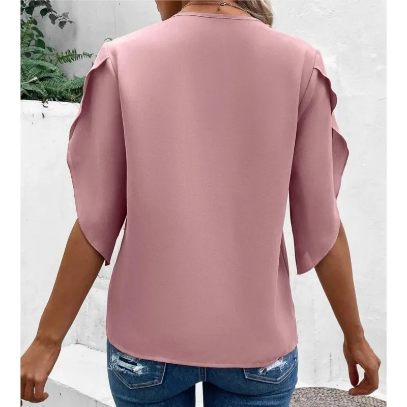 Women\'s Summer Solid Color Flared Sleeve Loose Shirt Top Office Lady Casual Lace Splicing V Neck Half Sleeves Pullover Blouse